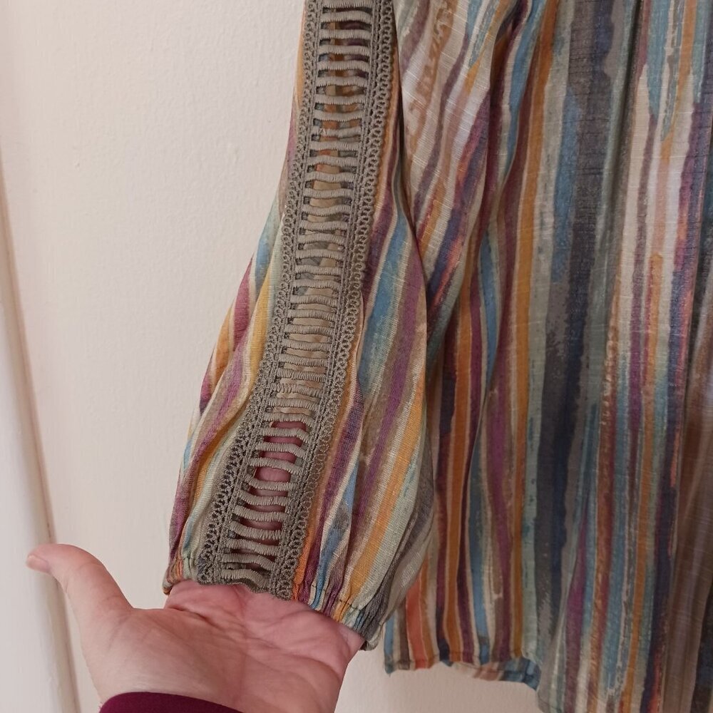 Multicolor Striped Blouse Crochet Trim Size Medium Boho Bohemian Artsy - Picture 4 of 11